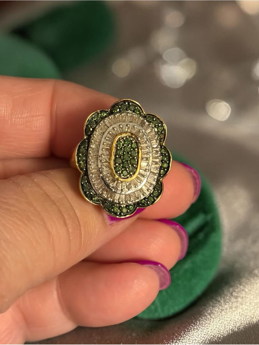 Estate 925 Gold Vermeil 3.00TCW Green Diamond & White Baguette